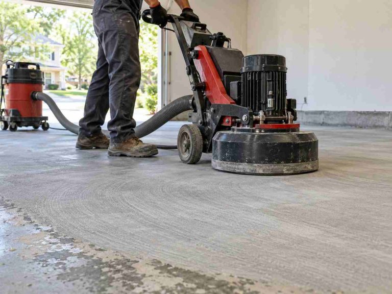 Diamond grinding a garage floor before coating