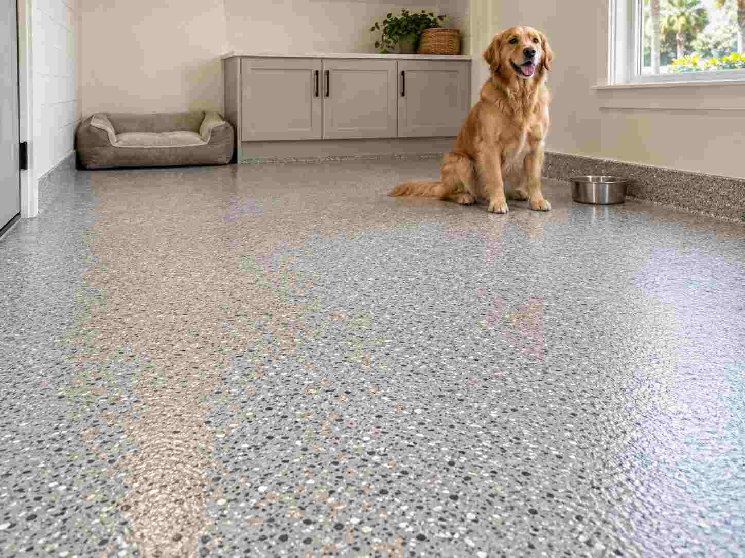 Dog lying on a seamless flake floor