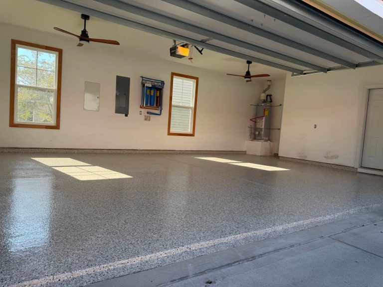 Light flake garage floor coating in a two-car garage