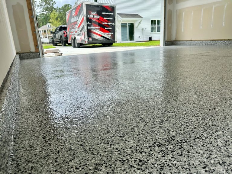 Glossy flake garage floor with the Floor Shield trailer