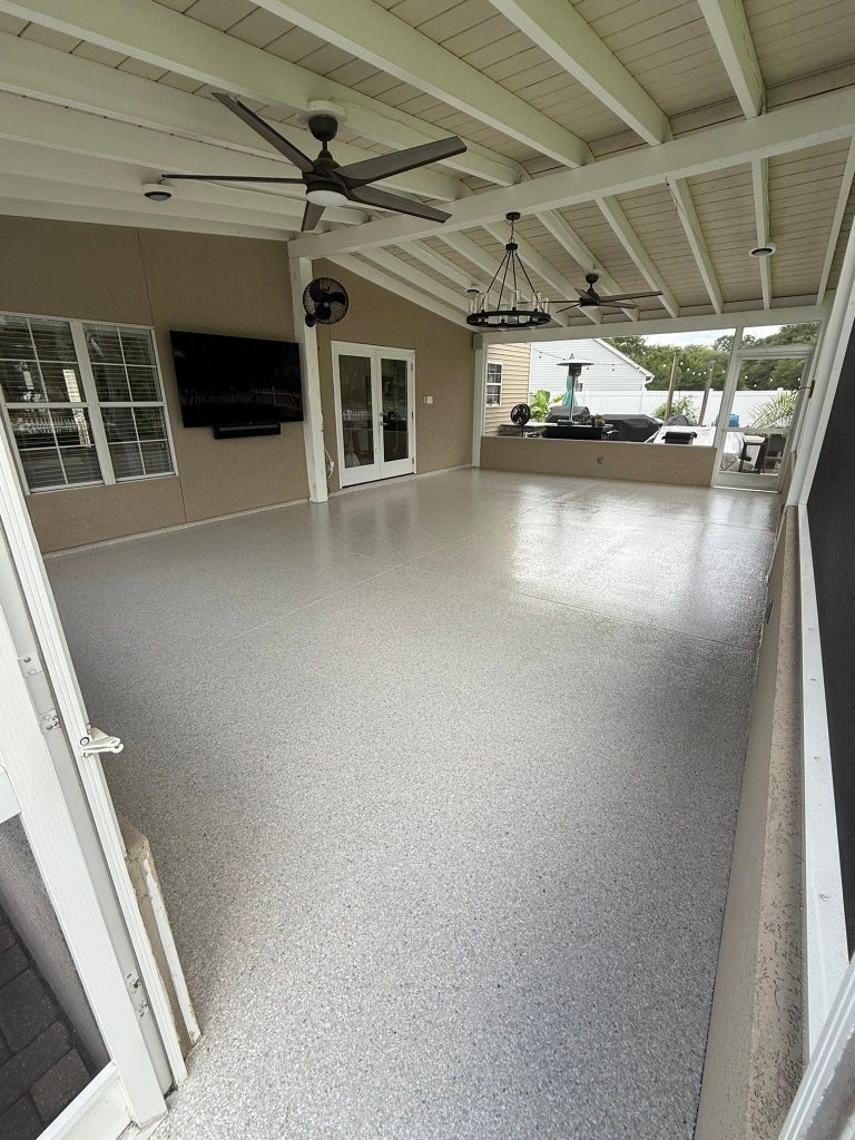 Covered porch with a flake floor coating