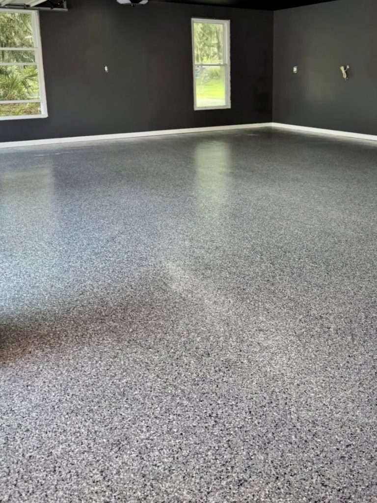 Flake garage floor with dark walls