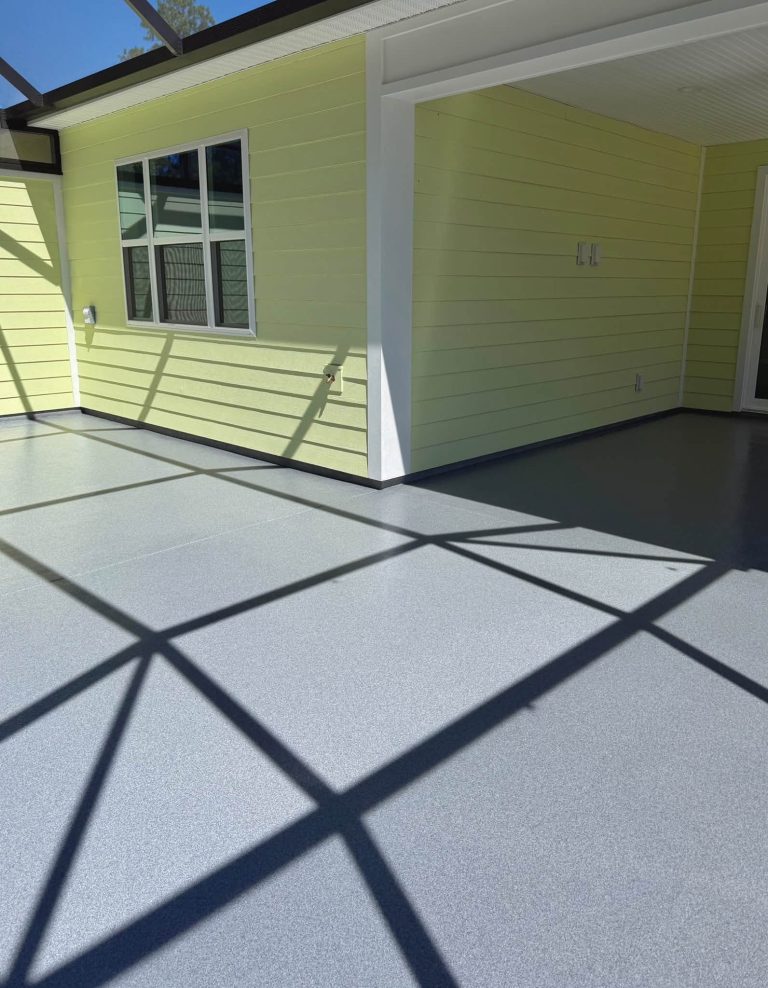 Covered front porch with a solid gray coating
