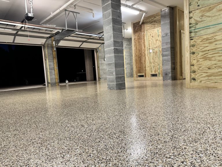 Large garage with a new flake floor coating