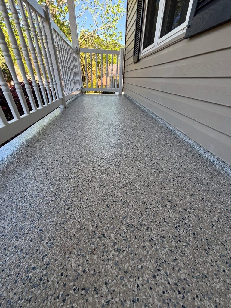 Flake coated side porch along the house